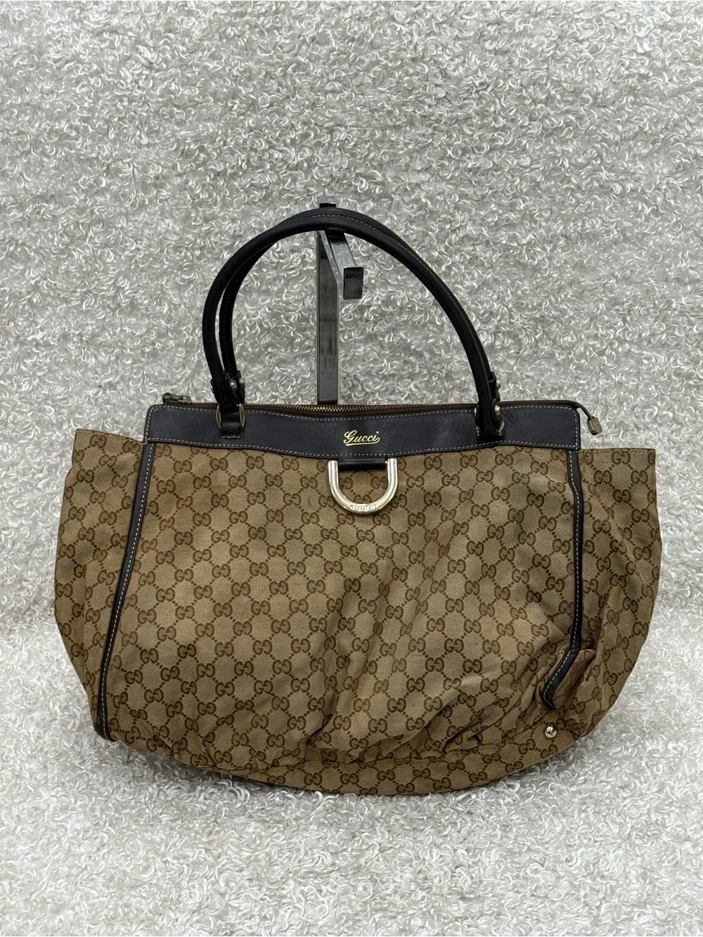 Gucci Abbey Canvas Tote with Brown Leather Trim